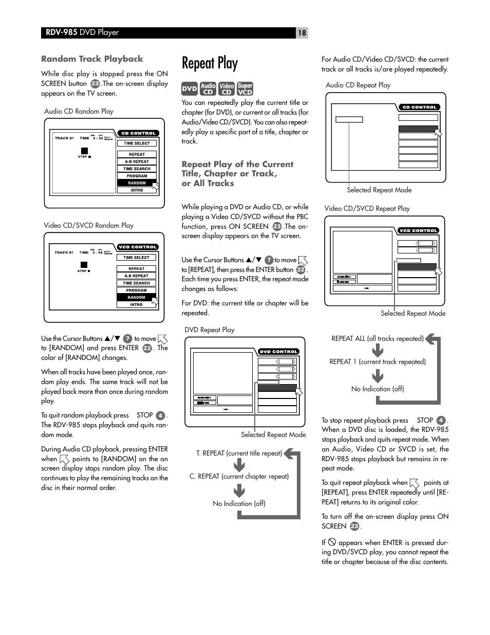 Repeat play, Rdv-985 dvd player random track playback | ROTEL RDV-985 User Manual | Page 18 / 30