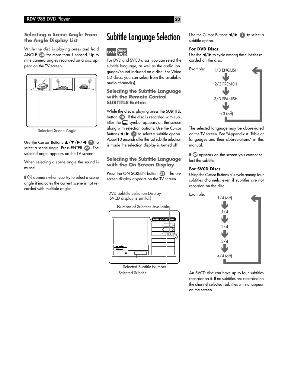 Subtitle language selection | ROTEL RDV-985 User Manual | Page 20 / 30