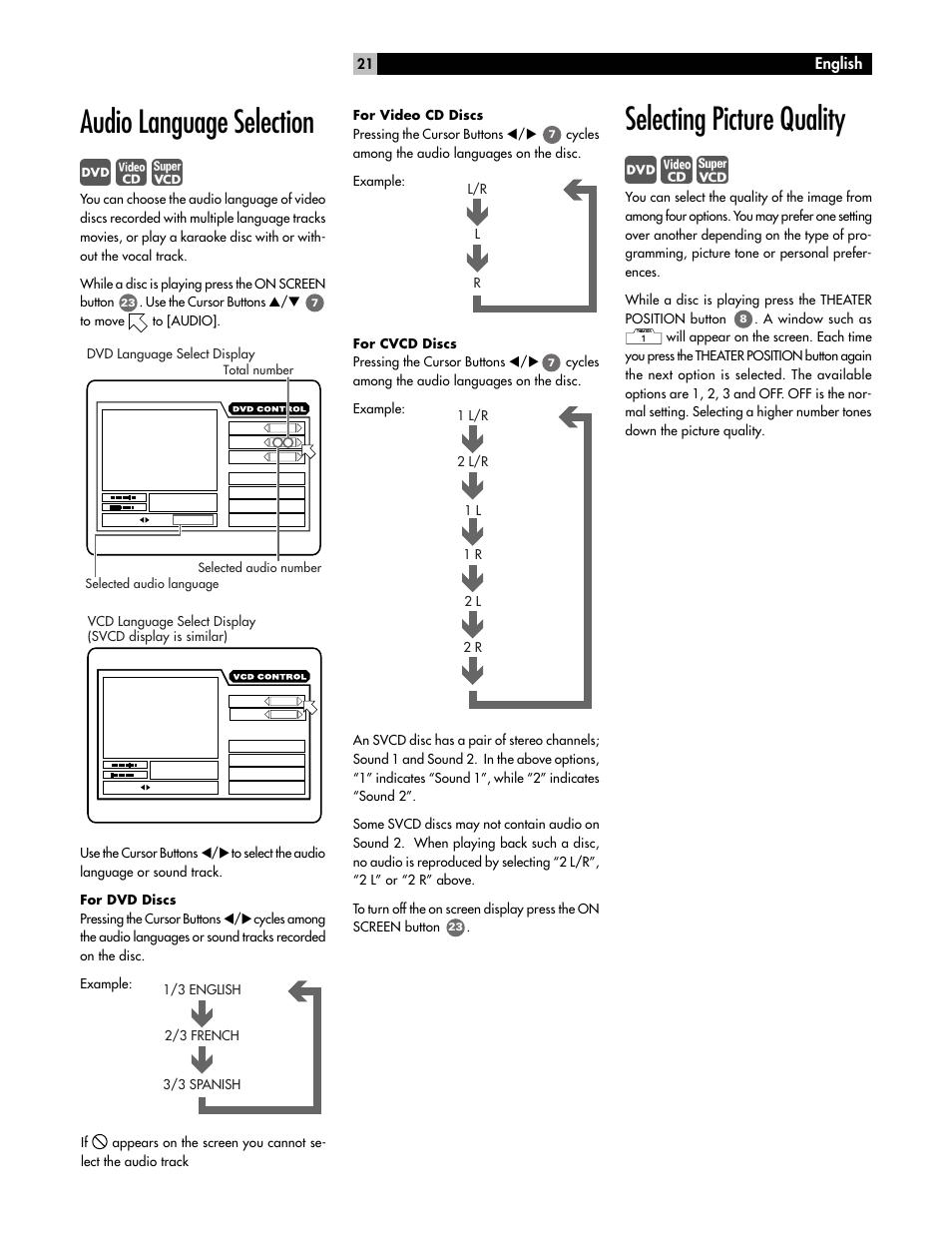 Audio language selection, Selecting picture quality, English | ROTEL RDV-985 User Manual | Page 21 / 30