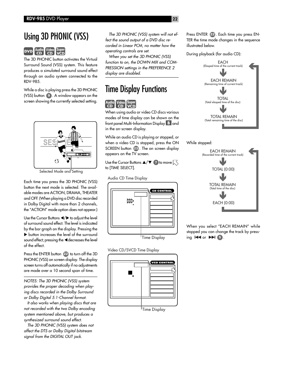 Using 3d phonic (vss), Time display functions, Rdv-985 dvd player | ROTEL RDV-985 User Manual | Page 22 / 30