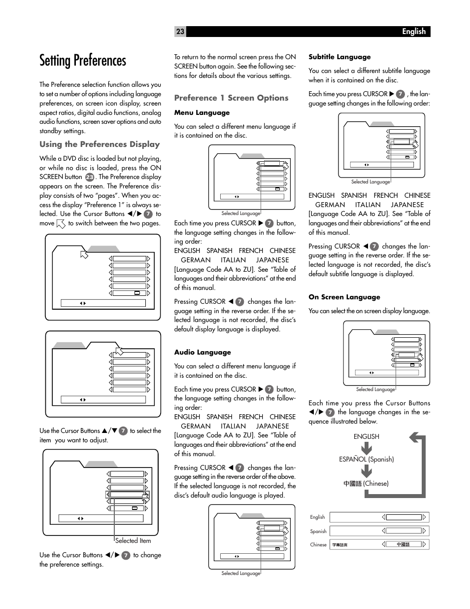 Setting preferences, Using the preferences display, Preference 1 screen options | English, Selected item, English español (spanish) (chinese) | ROTEL RDV-985 User Manual | Page 23 / 30