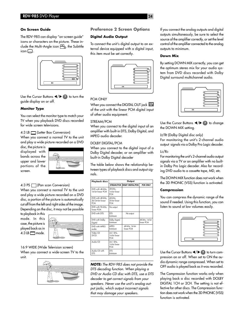 Rdv-985 dvd player, Preference 2 screen options | ROTEL RDV-985 User Manual | Page 24 / 30