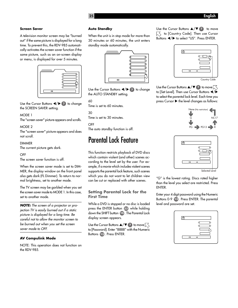 Parental lock feature, Setting parental lock for the first time, English | While holding down the shift button, Press enter, Use the cursor buttons | ROTEL RDV-985 User Manual | Page 25 / 30