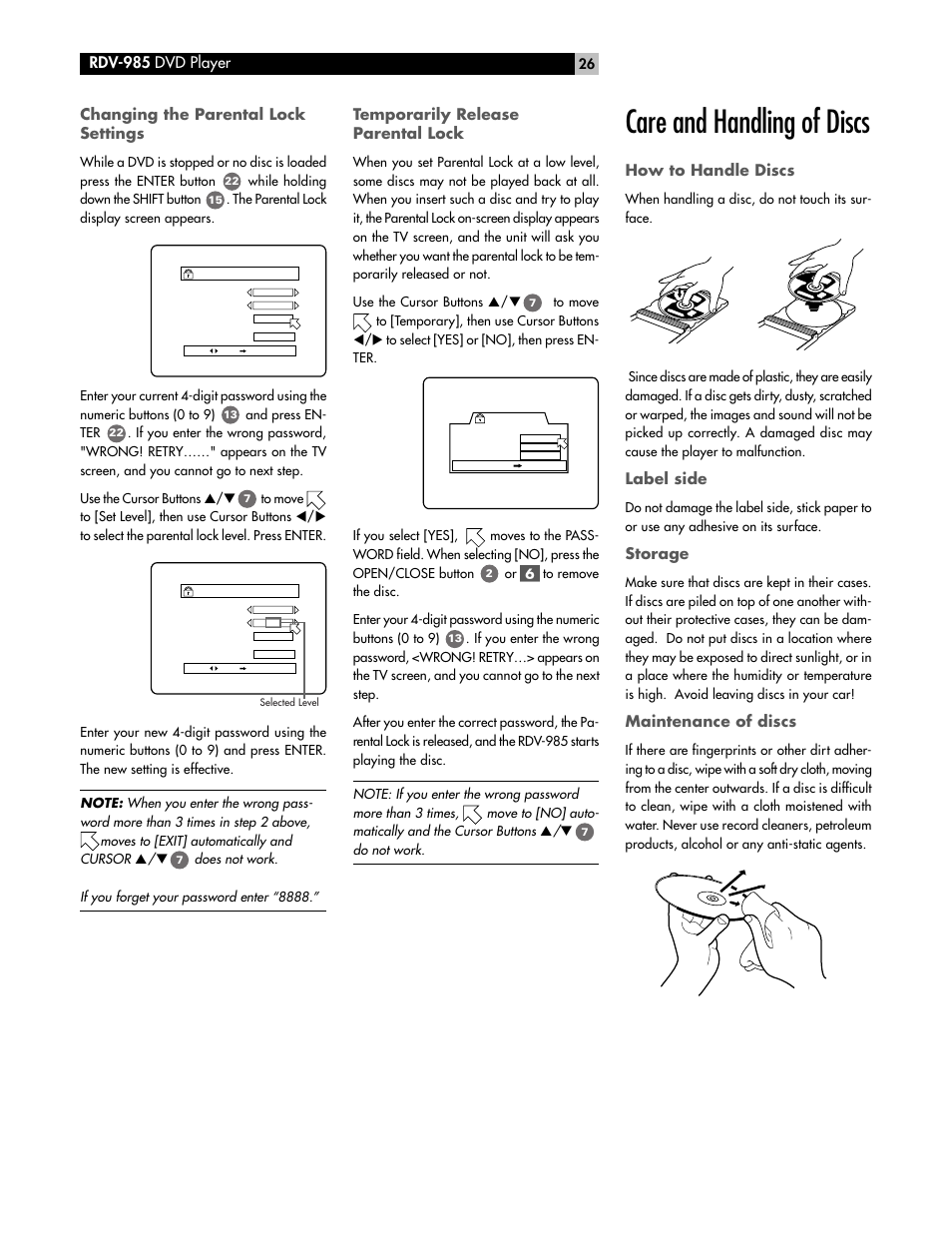 Care and handling of discs, Temporarily release parental lock, How to handle discs | Label side, Storage, Maintenance of discs | ROTEL RDV-985 User Manual | Page 26 / 30