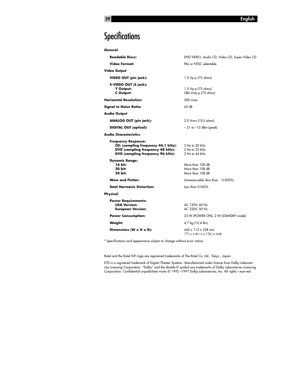 Specifications, English | ROTEL RDV-985 User Manual | Page 29 / 30