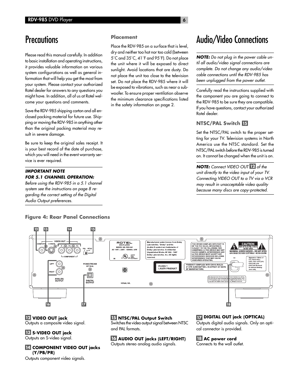 Precautions, Audio/video connections | ROTEL RDV-985 User Manual | Page 6 / 30