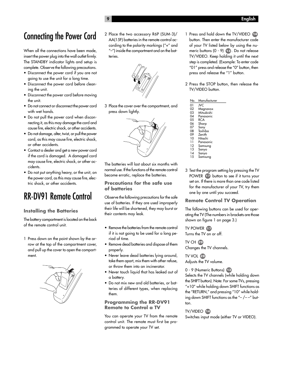 Connecting the power cord, Rr-dv91 remote control | ROTEL RDV-985 User Manual | Page 9 / 30