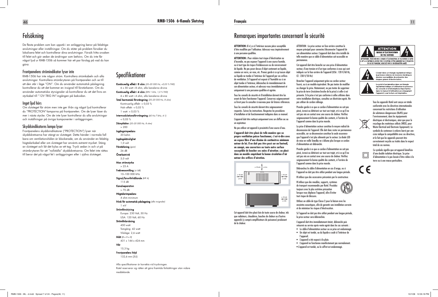 Felsökning, Specifi kationer, Remarques importantes concernant la sécurité | Frontpanelens strömindikator lyser inte, Inget ljud hörs, Skyddsindikatorns lampa lyser, Français | ROTEL RMB-1506 User Manual | Page 12 / 54