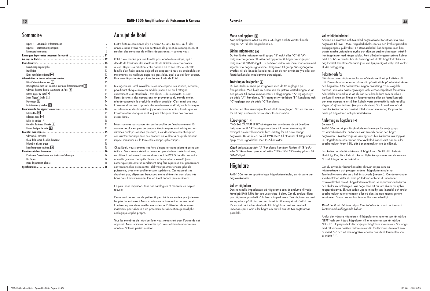 Sommaire, Au sujet de rotel, Högtalare | ROTEL RMB-1506 User Manual | Page 13 / 54