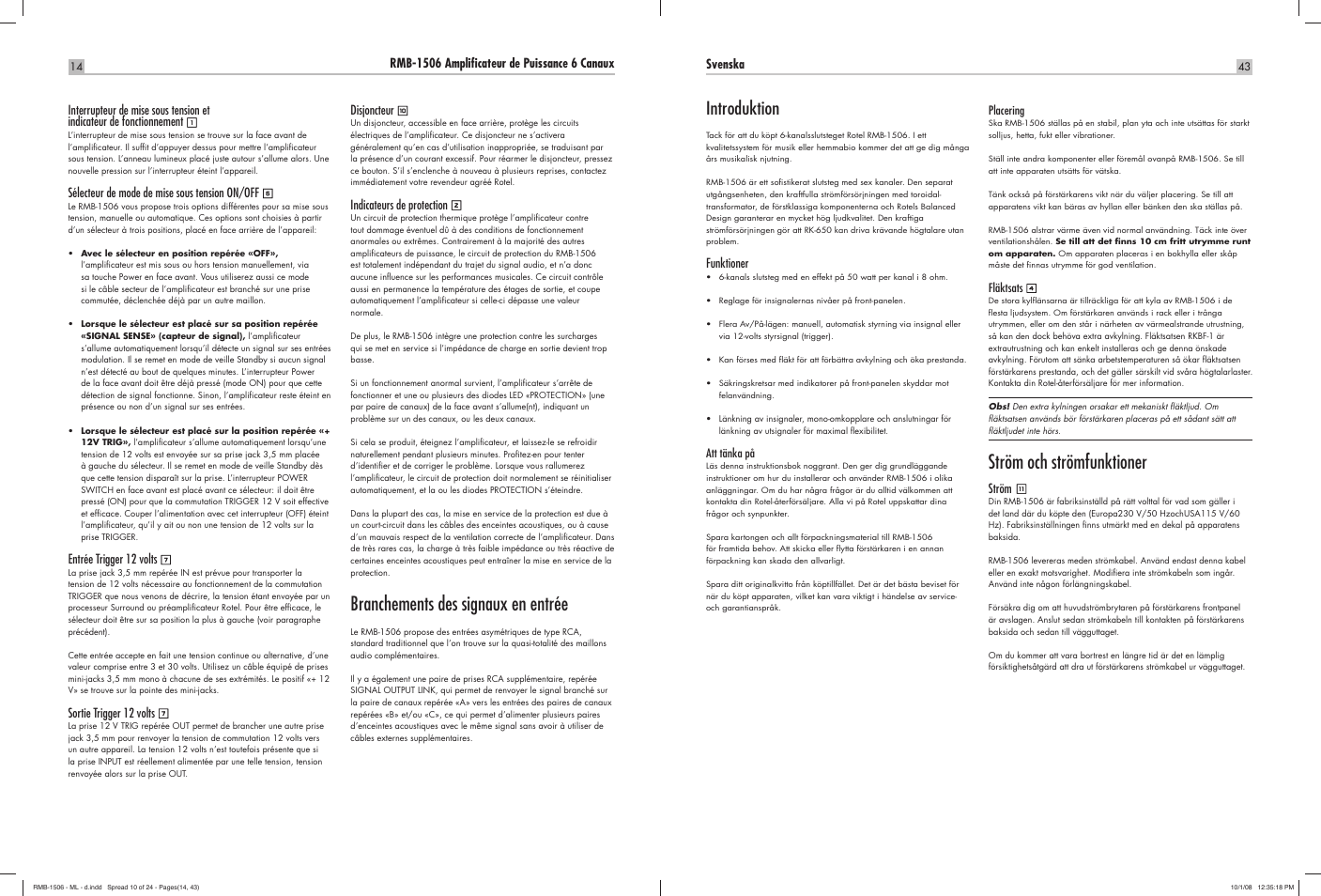 Branchements des signaux en entrée, Ström och strömfunktioner, Introduktion | ROTEL RMB-1506 User Manual | Page 15 / 54