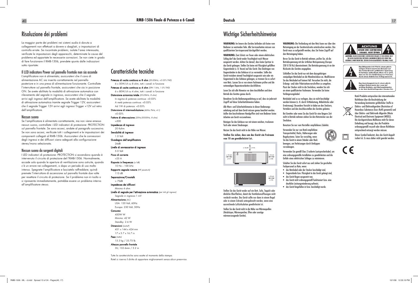 Risoluzione dei problemi, Caratteristiche tecniche, Wichtige sicherheitshinweise | Nessun suono, Nessun suono da sorgenti digitali, Deutsch | ROTEL RMB-1506 User Manual | Page 18 / 54