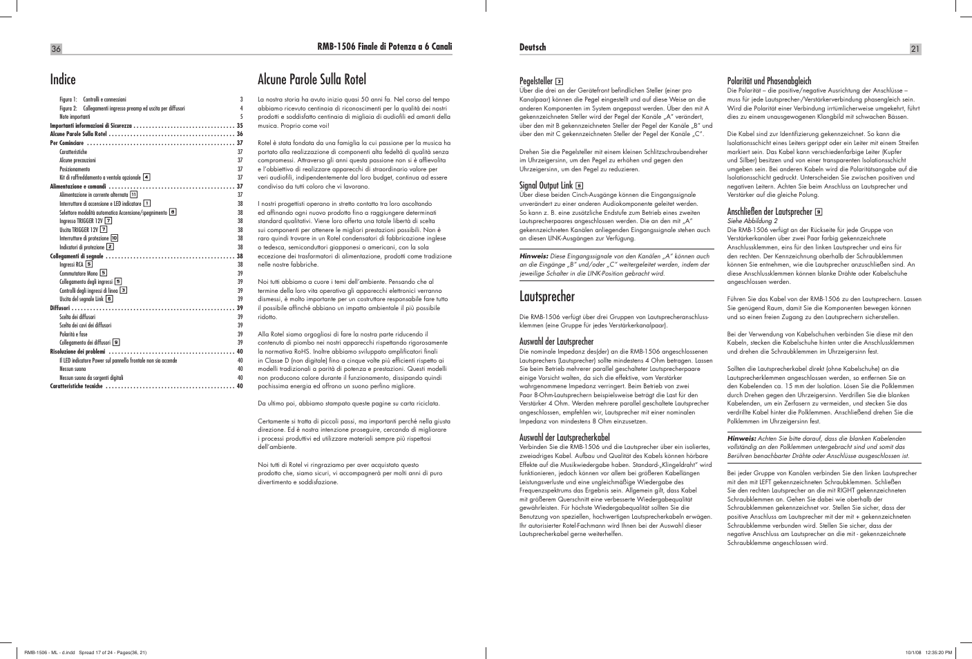 Alcune parole sulla rotel, Indice, Lautsprecher | ROTEL RMB-1506 User Manual | Page 22 / 54