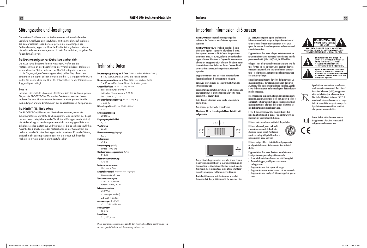 Störungssuche und -beseitigung, Technische daten, Importanti informazioni di sicurezza | Rmb-1506 sechskanal-endstufe, Kein ton, Die protection-leds leuchten, Italiano | ROTEL RMB-1506 User Manual | Page 23 / 54