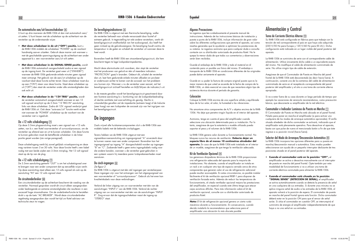 De ingangen, Alimentación y control | ROTEL RMB-1506 User Manual | Page 26 / 54