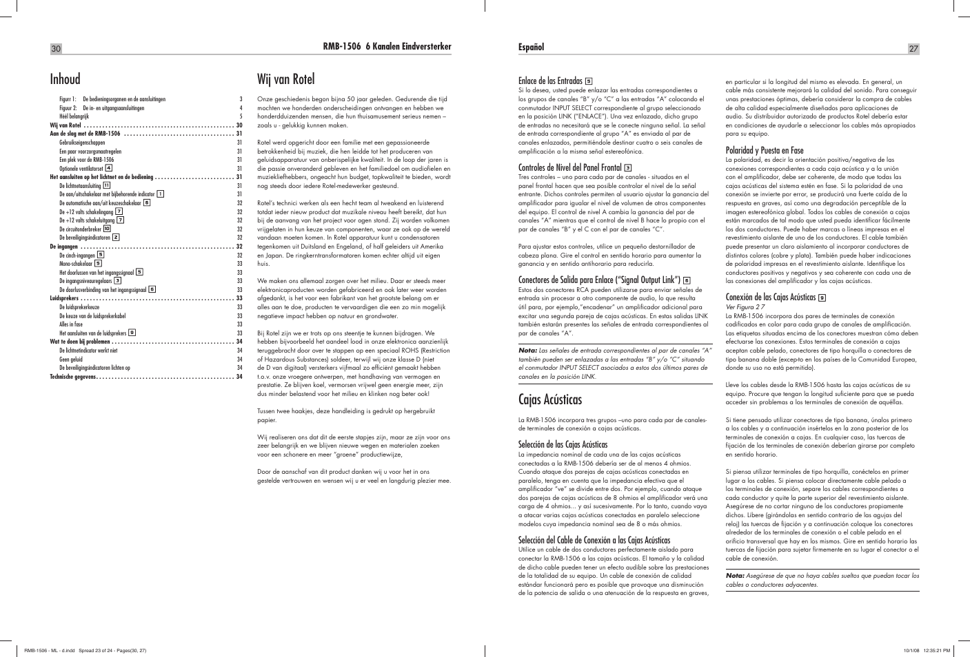 Wij van rotel, Inhoud, Cajas acústicas | ROTEL RMB-1506 User Manual | Page 28 / 54