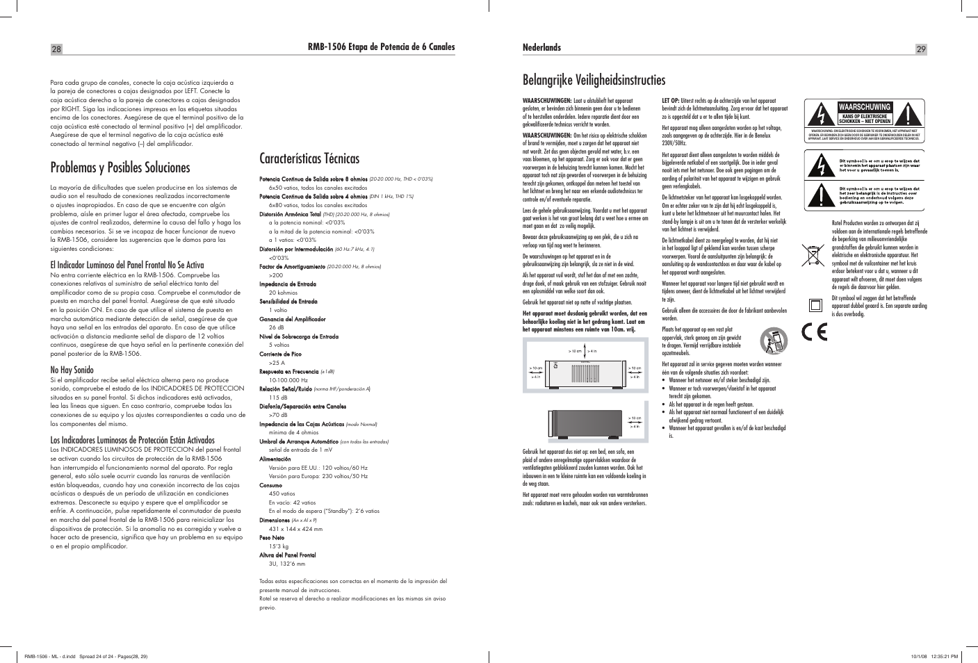Problemas y posibles soluciones, Características técnicas, Belangrijke veiligheidsinstructies | No hay sonido, Nederlands | ROTEL RMB-1506 User Manual | Page 30 / 54