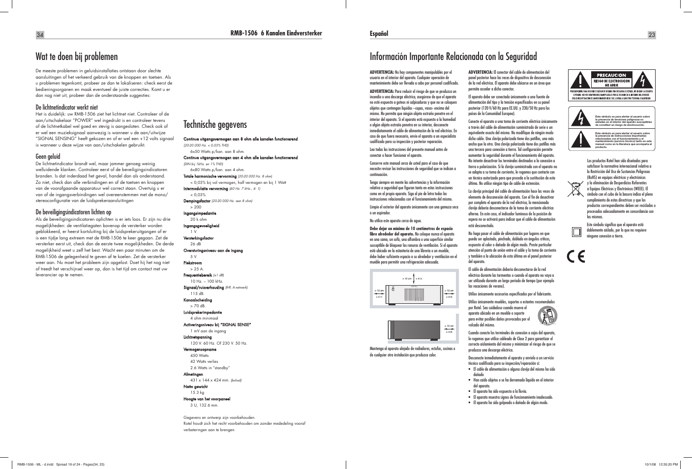 Wat te doen bij problemen, Technische gegevens, De lichtnetindicator werkt niet | Geen geluid, De beveiligingsindicatoren lichten op, Español | ROTEL RMB-1506 User Manual | Page 35 / 54