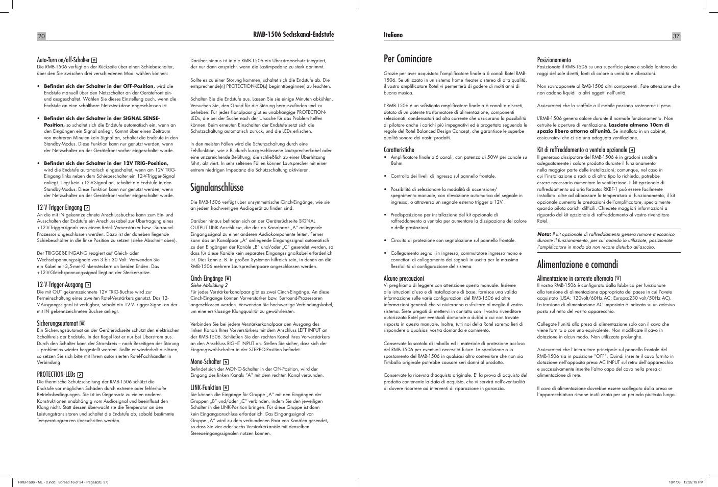 Signalanschlüsse, Per cominciare, Alimentazione e comandi | ROTEL RMB-1506 User Manual | Page 38 / 54