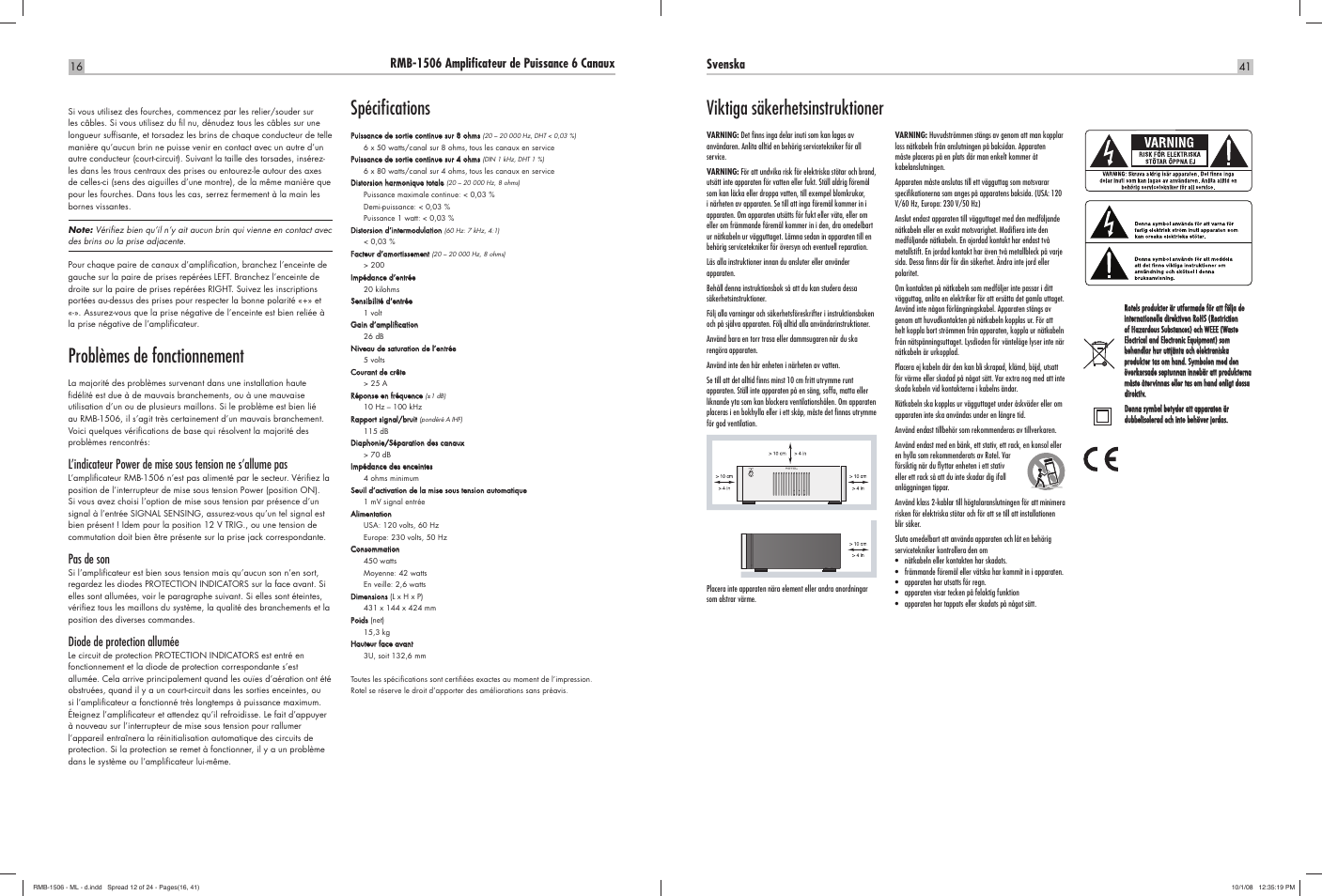 Problèmes de fonctionnement, Spécifi cations, Viktiga säkerhetsinstruktioner | Pas de son, Diode de protection allumée, Svenska | ROTEL RMB-1506 User Manual | Page 42 / 54