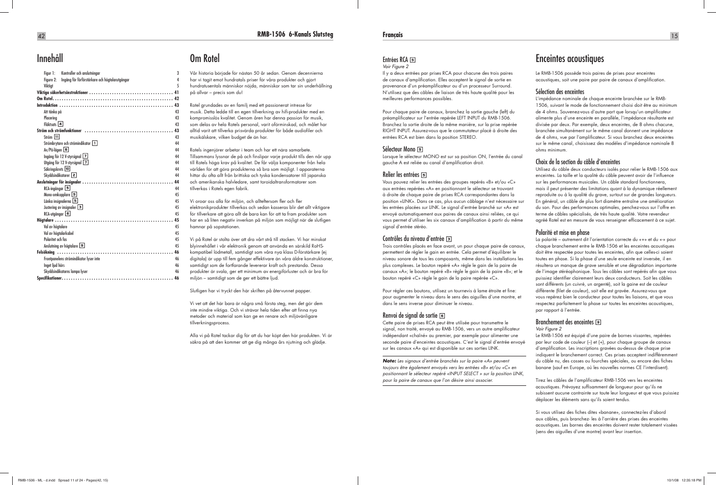 Om rotel, Innehåll, Enceintes acoustiques | ROTEL RMB-1506 User Manual | Page 43 / 54