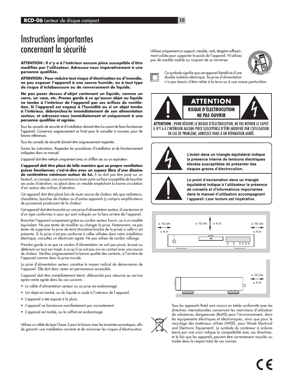 Instructions importantes concernant la sécurité | ROTEL RCD-06 User Manual | Page 10 / 52