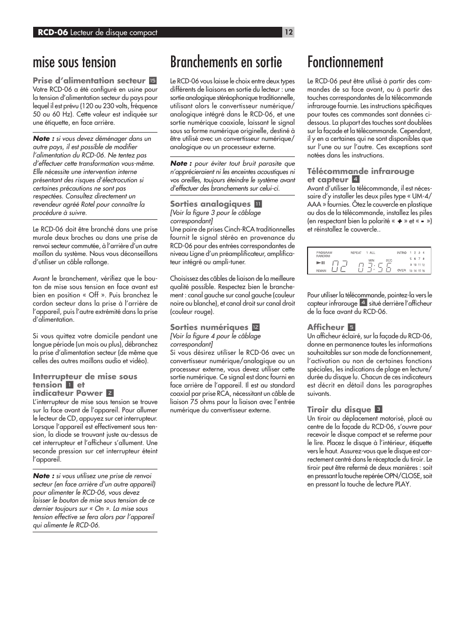 Mise sous tension, Branchements en sortie, Fonctionnement | ROTEL RCD-06 User Manual | Page 12 / 52