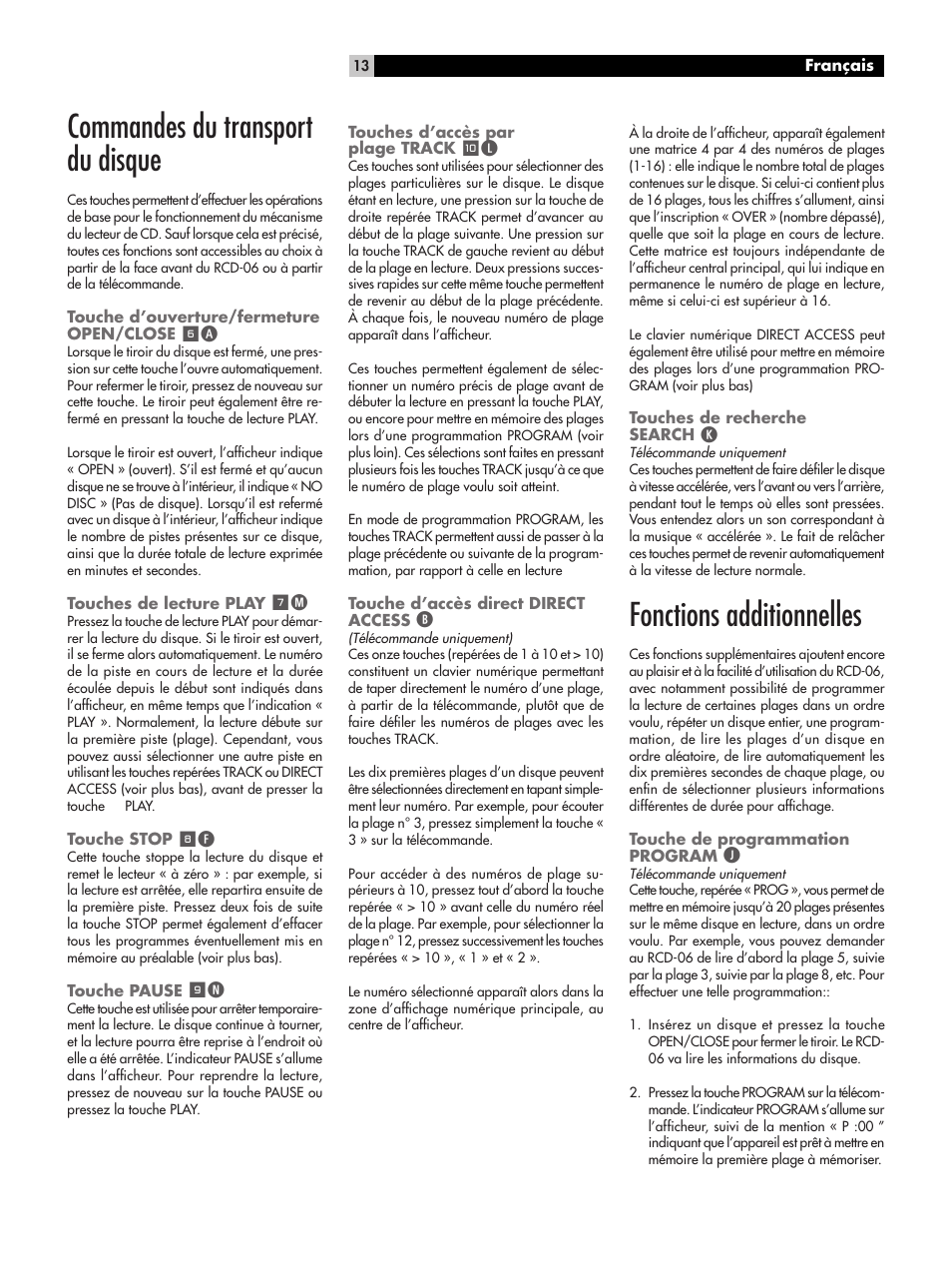 Commandes du transport du disque, Fonctions additionnelles | ROTEL RCD-06 User Manual | Page 13 / 52