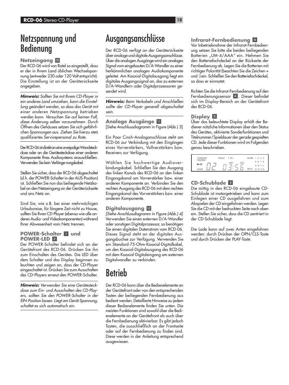 Netzspannung und bedienung, Ausgangsanschlüsse, Betrieb | ROTEL RCD-06 User Manual | Page 18 / 52