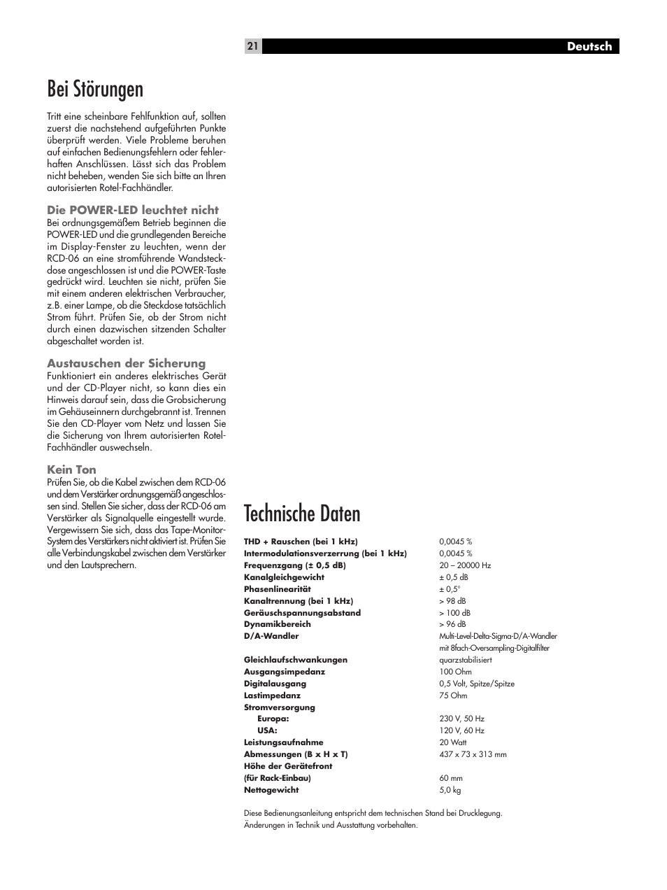 Bei störungen, Technische daten, Deutsch | Die power-led leuchtet nicht, Austauschen der sicherung, Kein ton | ROTEL RCD-06 User Manual | Page 21 / 52