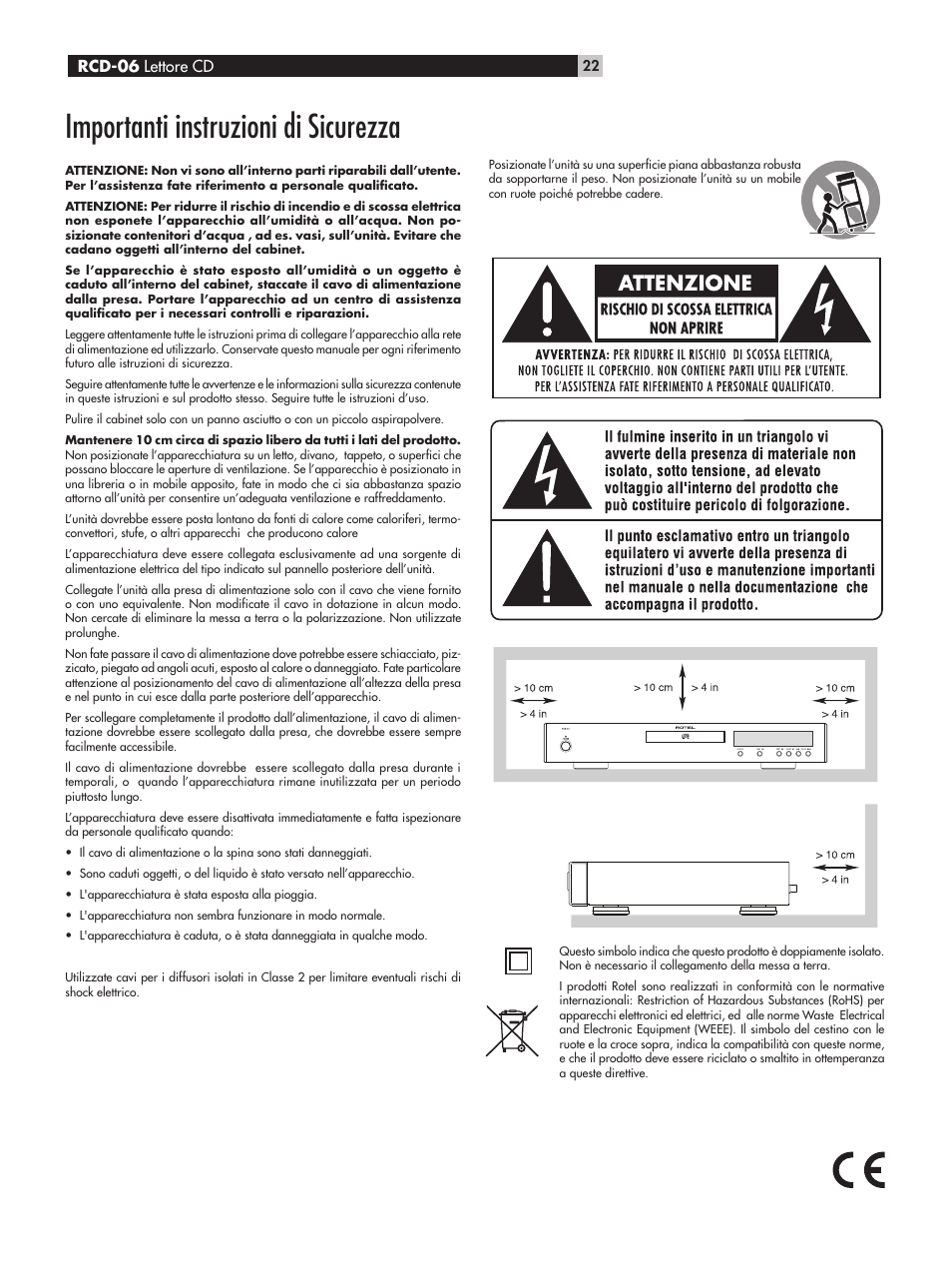 Importanti instruzioni di sicurezza | ROTEL RCD-06 User Manual | Page 22 / 52