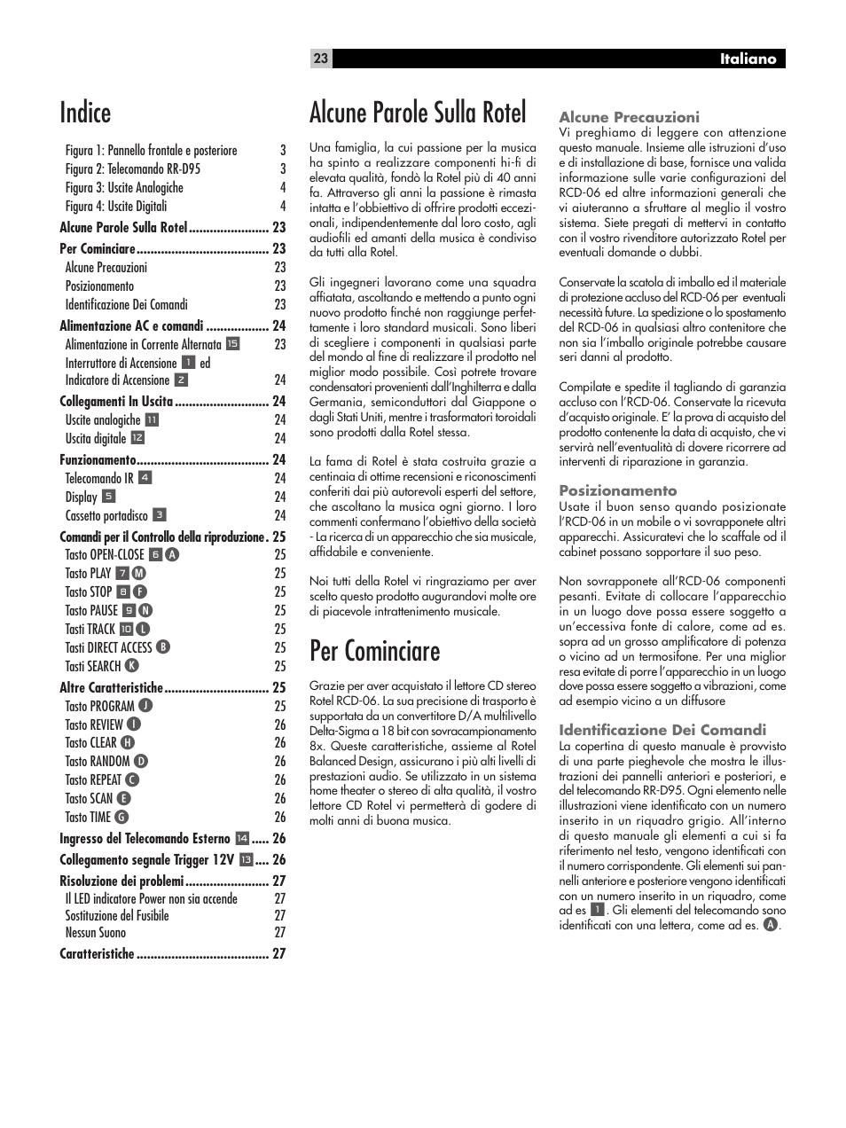 Indice, Alcune parole sulla rotel, Per cominciare | ROTEL RCD-06 User Manual | Page 23 / 52