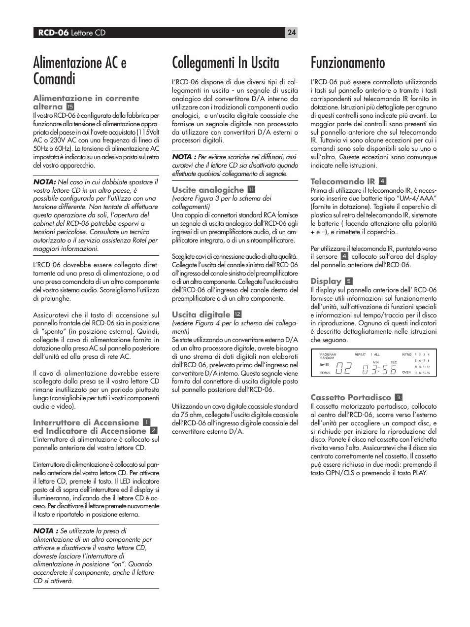 Alimentazione ac e comandi, Collegamenti in uscita, Funzionamento | ROTEL RCD-06 User Manual | Page 24 / 52