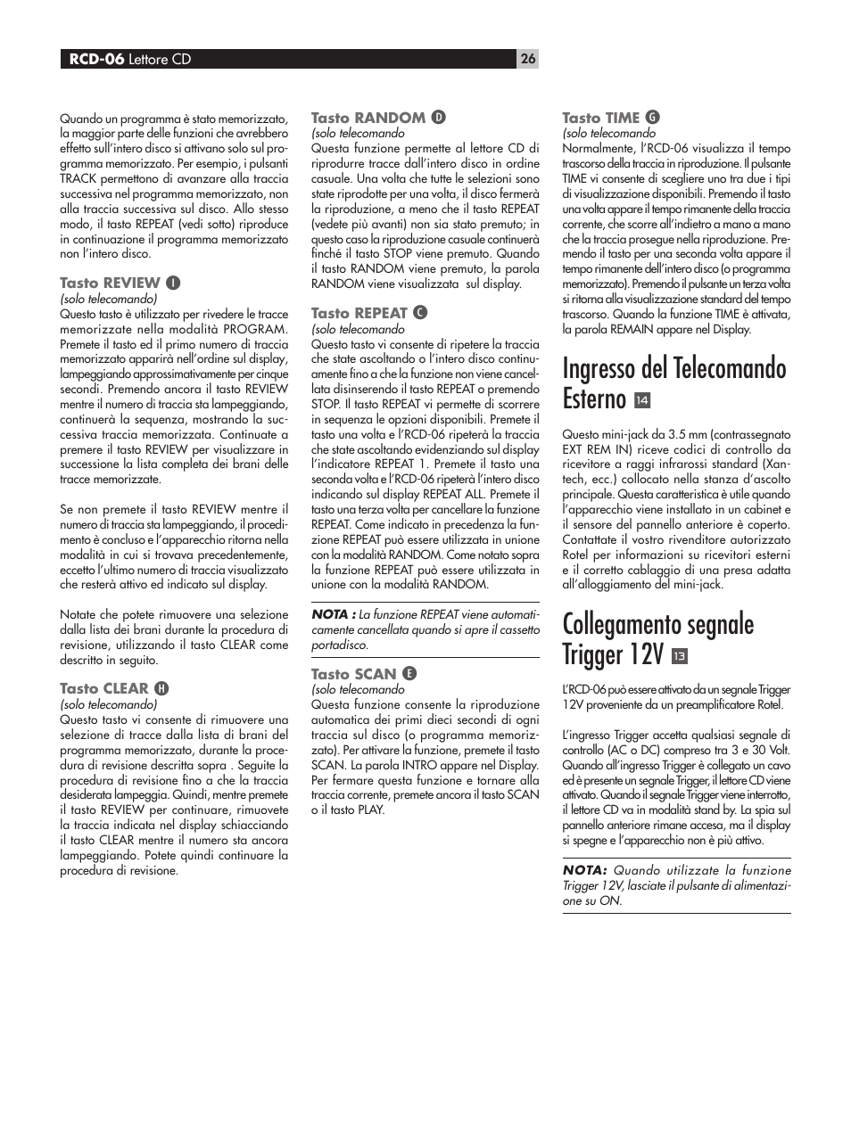 Ingresso del telecomando esterno, Collegamento segnale trigger 12v | ROTEL RCD-06 User Manual | Page 26 / 52