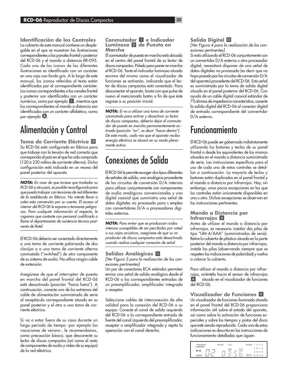 Alimentación y control, Conexiones de salida, Funcionamiento | ROTEL RCD-06 User Manual | Page 30 / 52