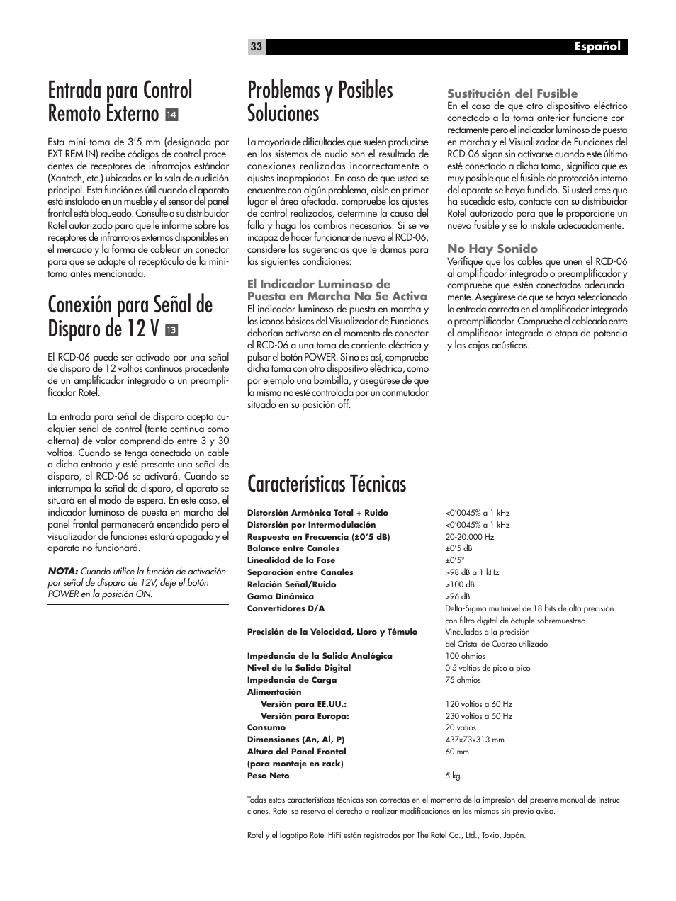 Características técnicas, Entrada para control remoto externo, Conexión para señal de disparo de 12 v | Problemas y posibles soluciones | ROTEL RCD-06 User Manual | Page 33 / 52