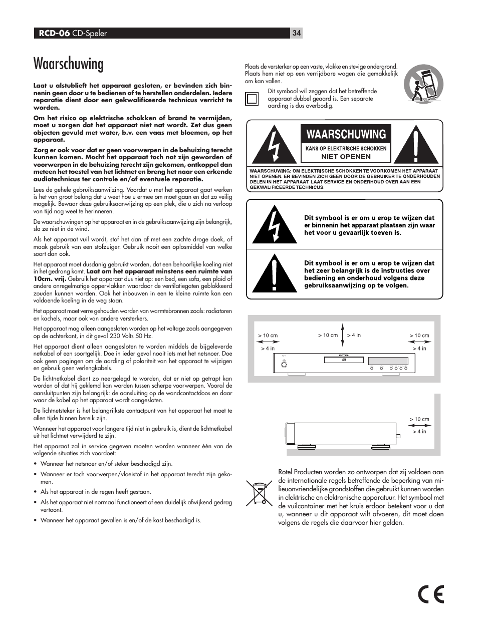 Waarschuwing | ROTEL RCD-06 User Manual | Page 34 / 52