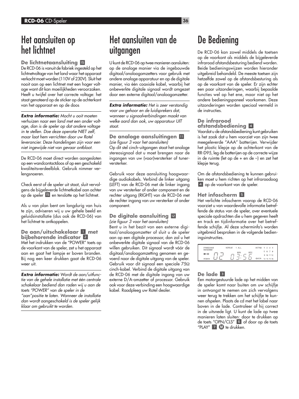 Het aansluiten op het lichtnet, Het aansluiten van de uitgangen, De bediening | ROTEL RCD-06 User Manual | Page 36 / 52