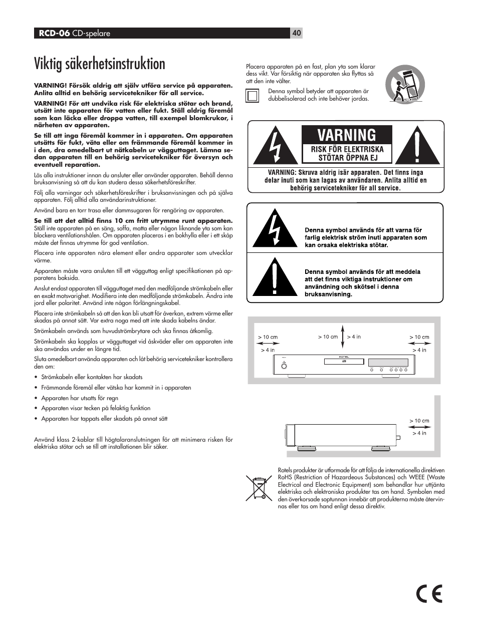 Viktig säkerhetsinstruktion | ROTEL RCD-06 User Manual | Page 40 / 52
