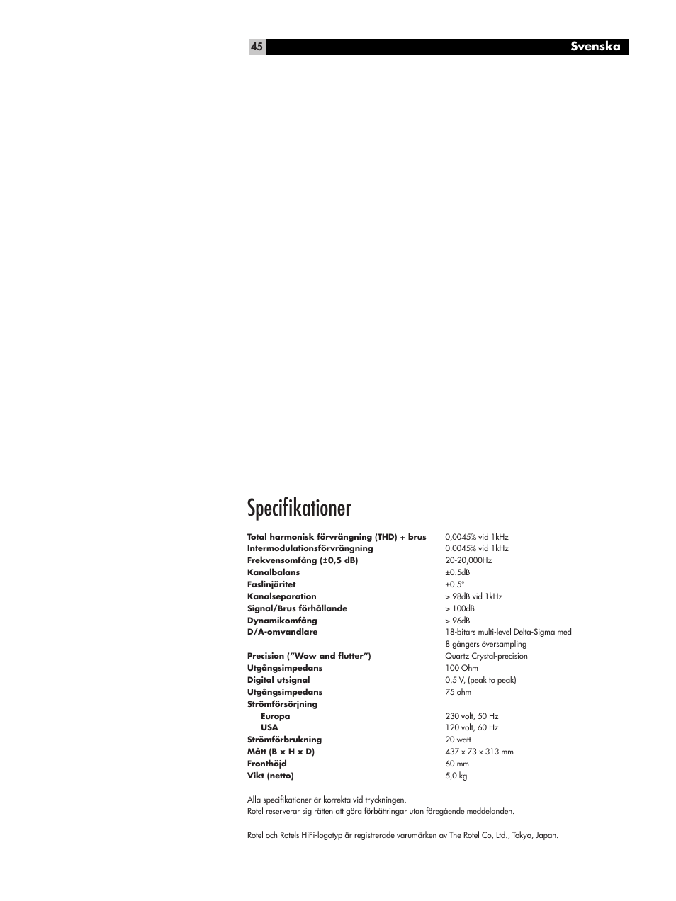 Speciﬁkationer, Svenska | ROTEL RCD-06 User Manual | Page 45 / 52