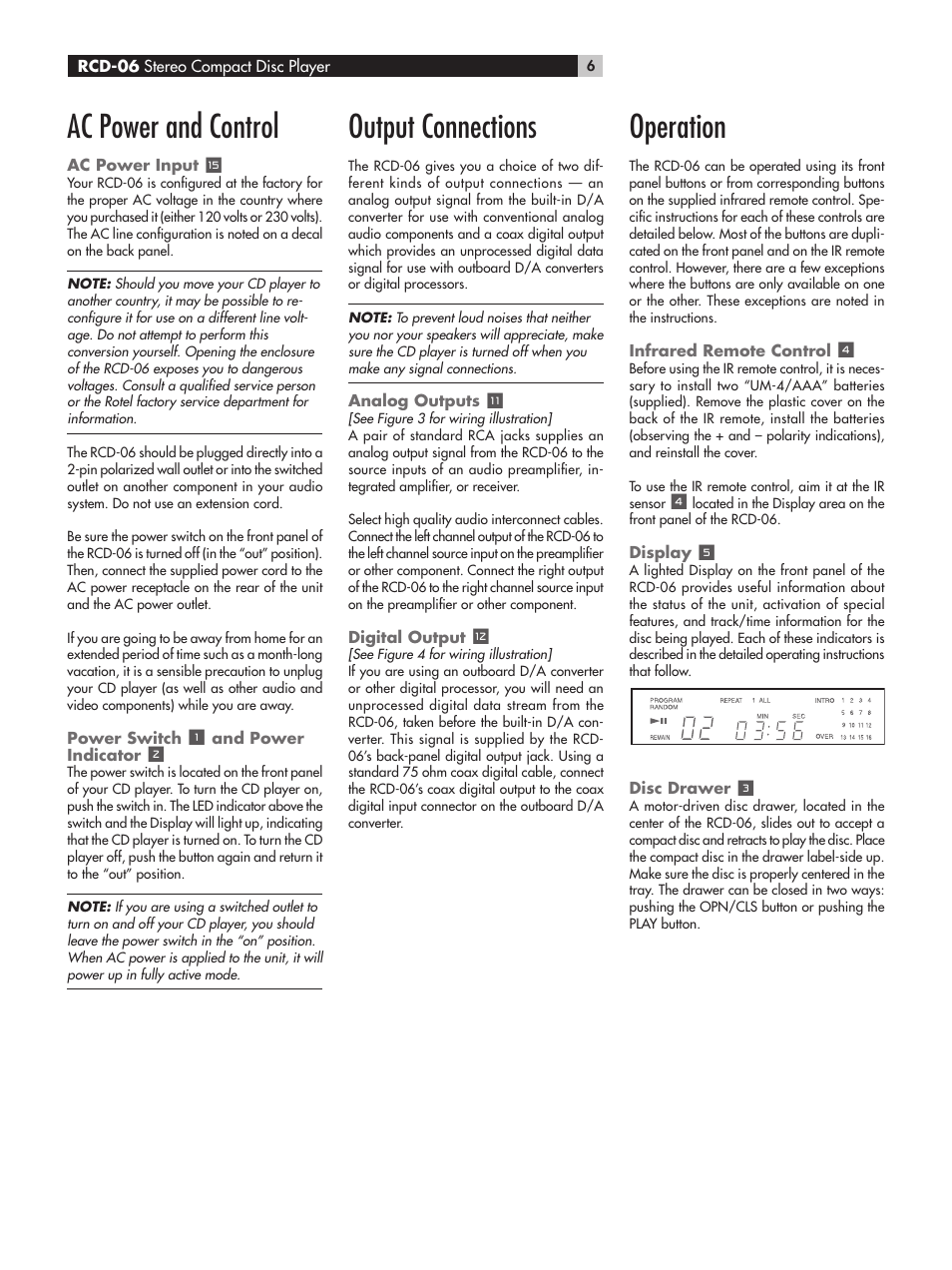 Ac power and control, Output connections, Operation | ROTEL RCD-06 User Manual | Page 6 / 52