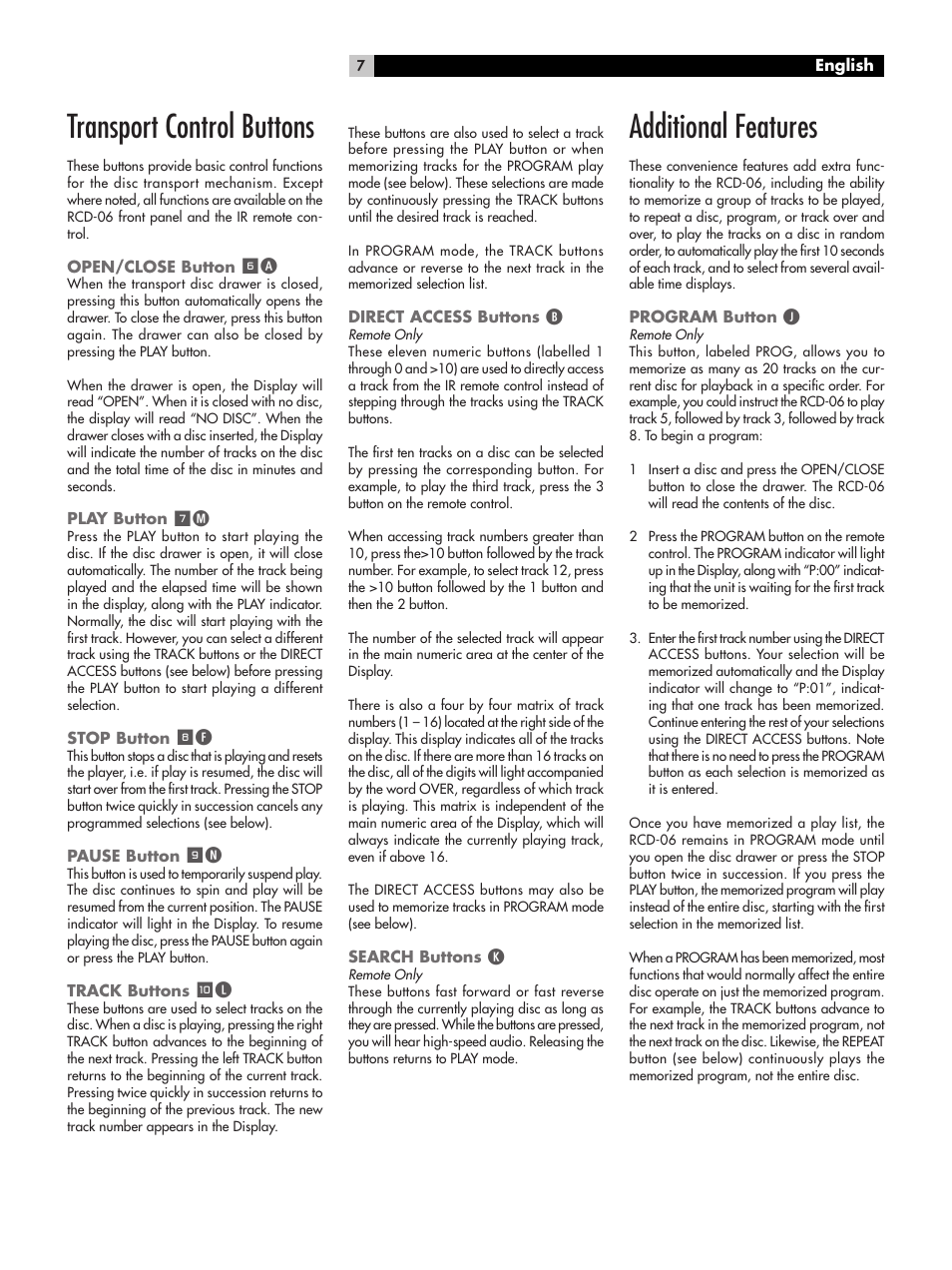 Transport control buttons, Additional features | ROTEL RCD-06 User Manual | Page 7 / 52