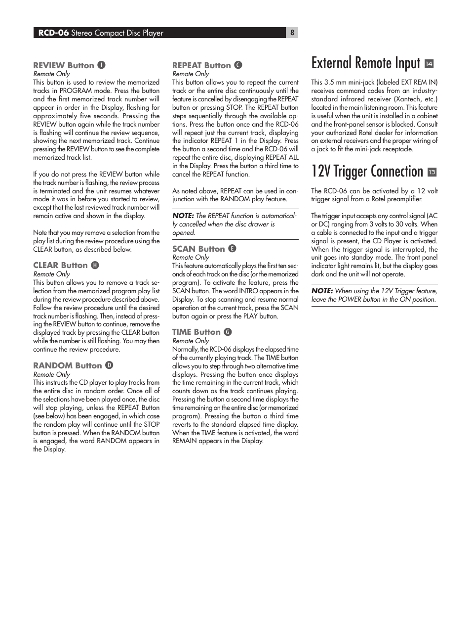 External remote input, 12v trigger connection | ROTEL RCD-06 User Manual | Page 8 / 52