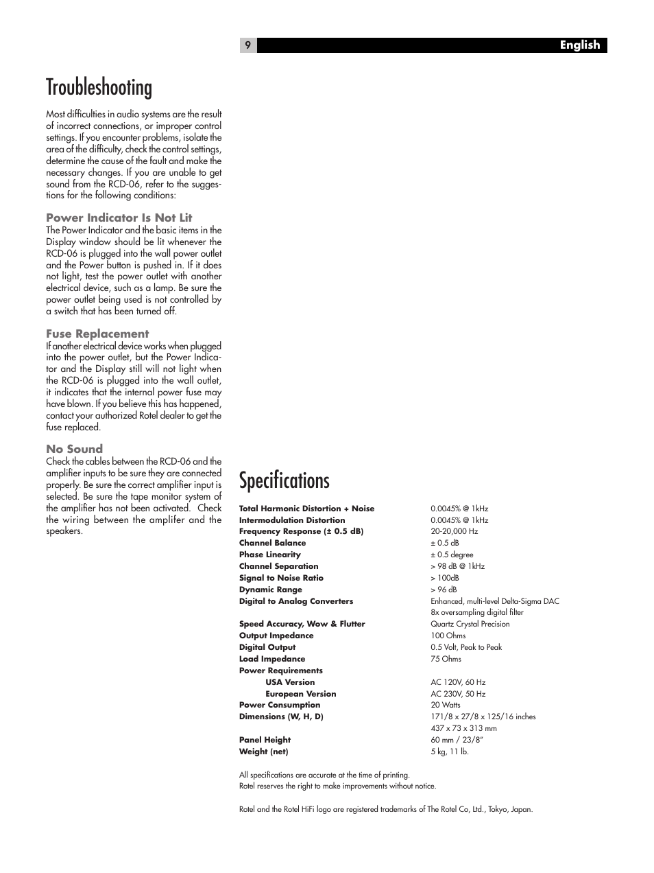 Troubleshooting, Speciﬁcations, Power indicator is not lit | Fuse replacement, No sound, English | ROTEL RCD-06 User Manual | Page 9 / 52
