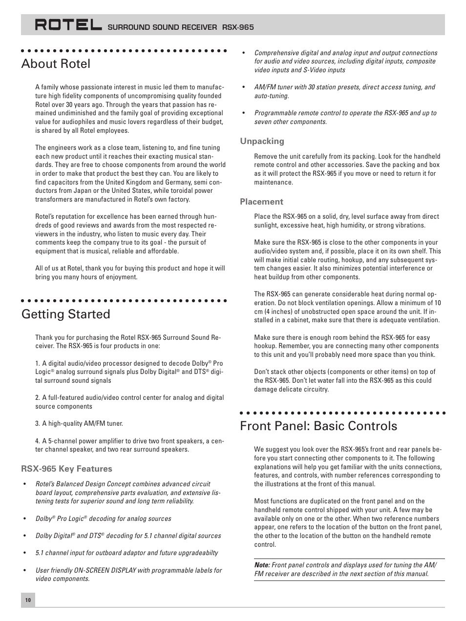 About rotel, Getting started, Rsx-965 key features | Unpacking, Placement, Front panel: basic controls | ROTEL RSX-965 User Manual | Page 10 / 24