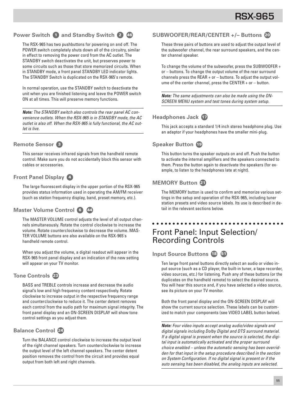 Power switch and standby switch, Remote sensor, Front panel display | Master volume control, Tone controls, Balance control, Subwoofer/rear/center +/– buttons, Headphones jack, Speaker button, Memory button | ROTEL RSX-965 User Manual | Page 11 / 24