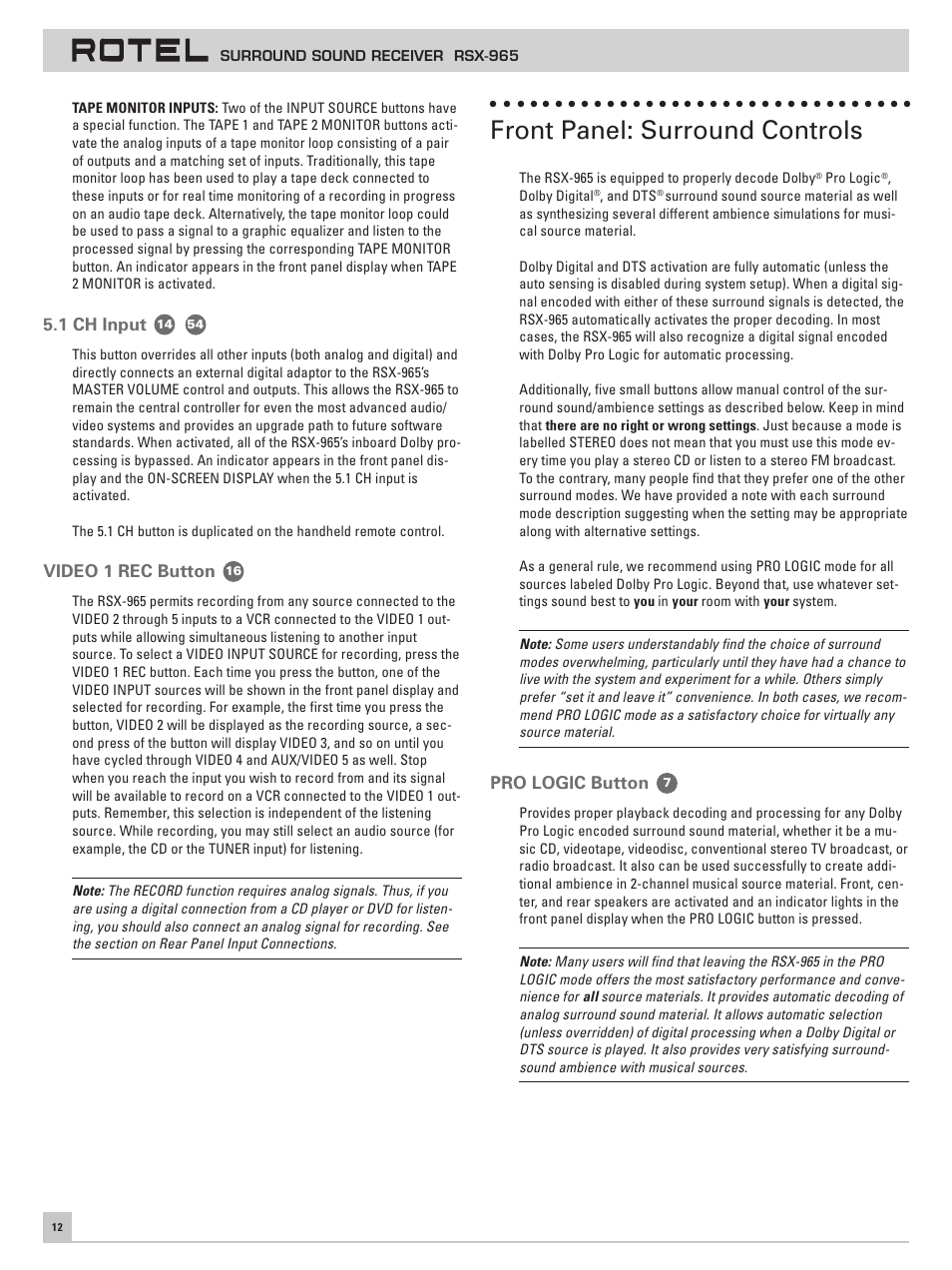 1 ch input, Video 1 rec button, Front panel: surround controls | Pro logic button | ROTEL RSX-965 User Manual | Page 12 / 24