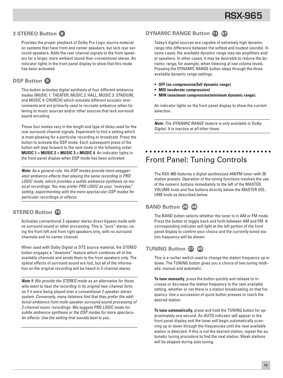 3 stereo button, Dsp button, Stereo button | Dynamic range button, Front panel: tuning controls, Band button, Tuning button, Rsx-965 | ROTEL RSX-965 User Manual | Page 13 / 24