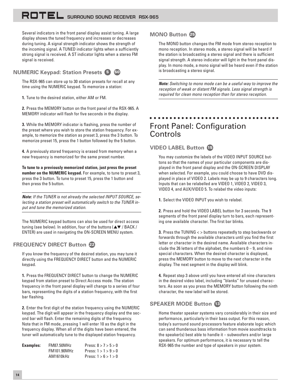 Numeric keypad: station presets, Frequency direct button, Mono button | Front panel: configuration controls, Video label button, Speaker mode button | ROTEL RSX-965 User Manual | Page 14 / 24