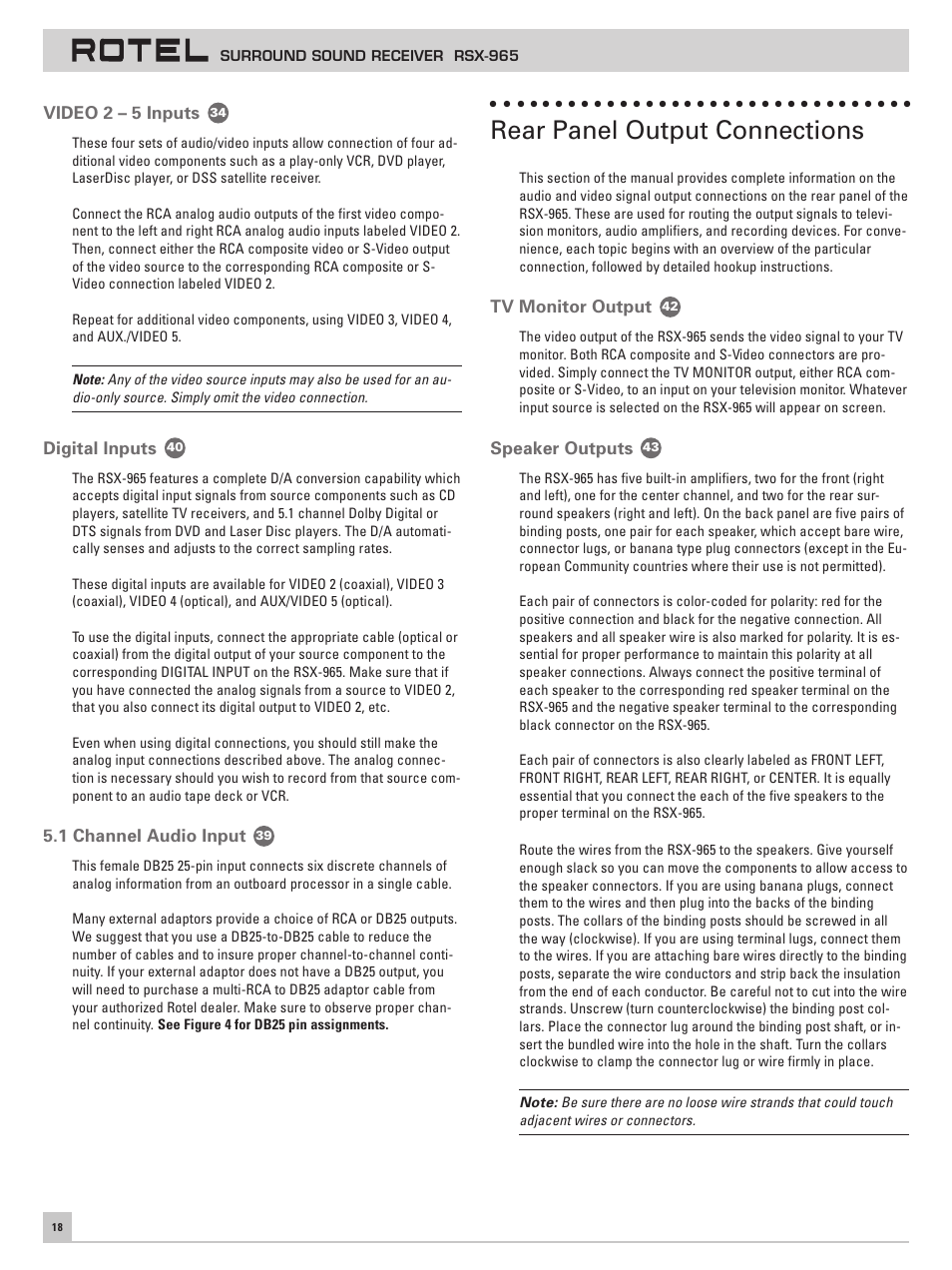 Video 2 – 5 inputs, Digital inputs, 1 channel audio input | Rear panel output connections, Tv monitor output, Speaker outputs | ROTEL RSX-965 User Manual | Page 18 / 24