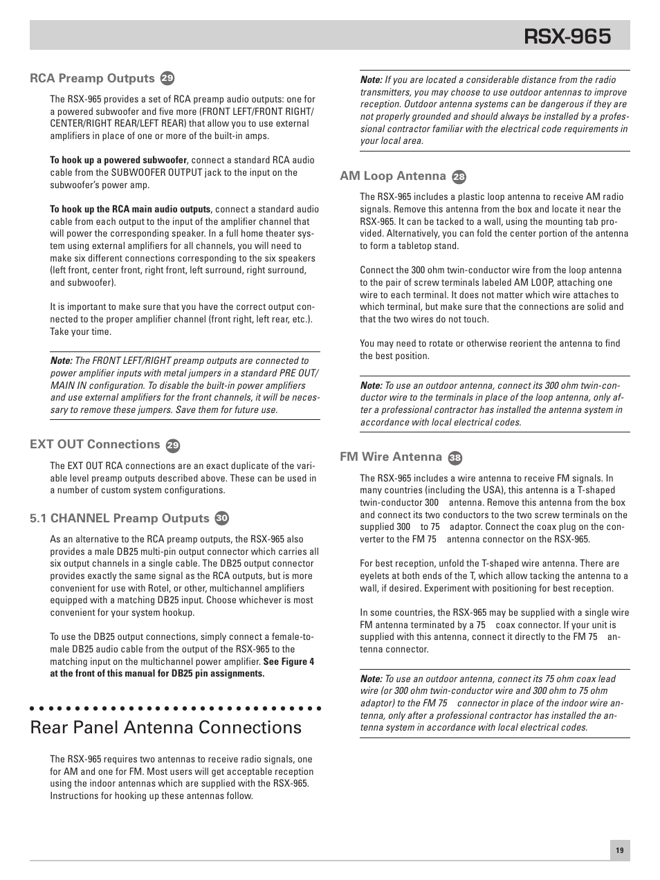 Rca preamp outputs, Ext out connections, 1 channel preamp outputs | Rear panel antenna connections, Am loop antenna, Fm wire antenna, Rsx-965 | ROTEL RSX-965 User Manual | Page 19 / 24